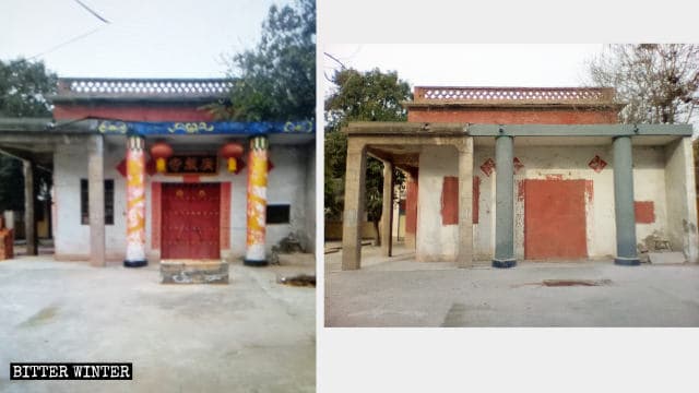 Die Türen und Fenster des Tempels vor und nach der Einmauerung.