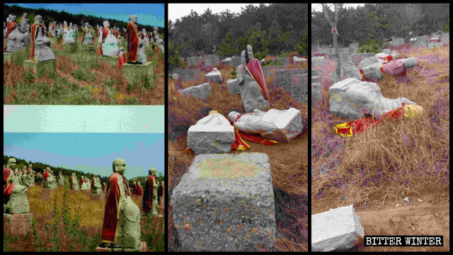 Arhat-Statuen vor und nach ihrem Abbruch
