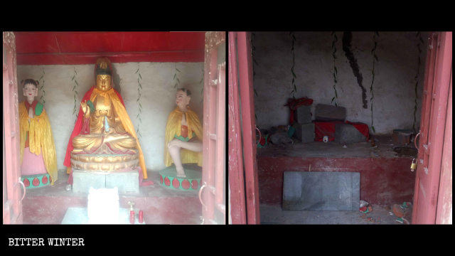 Die Guanyin-Statue vor und nach ihrem Abbau.