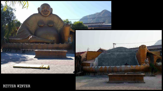 Die Amitabha Buddha-Statue in einem Tempel auf dem Berg Jingzhong wurde dem Erdboden gleichgemacht.