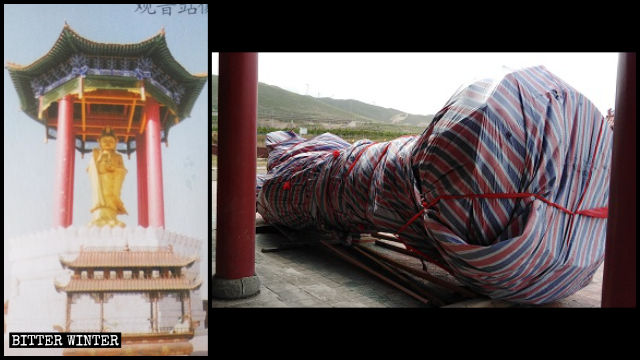 Die Guanyin-Statue vor und nach ihrer Zerstörung