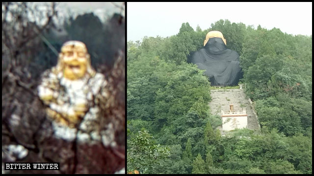 Die Maitreya-Statue vor und nachdem sie unter einem Tarnnetz verschwand
