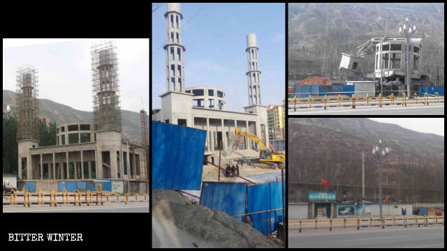 Die Moschee vor und nach der Zerstörung.