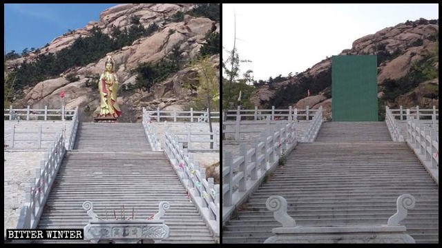 Eine Bodhisattva-Statue wurde abgedeckt, nachdem der Tempel geschlossen worden war.