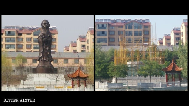 Statue mit dem Körper von Guanyin und dem Kopf des Konfuzius