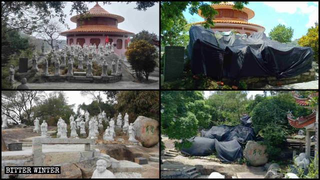 Arhat-Statuen vor und nach dem Abdecken
