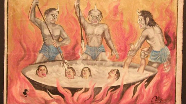 Eine buddhistische Darstellung von Dämonen, die diejenigen foltern, die schändliche Taten in der Hölle begangen haben
