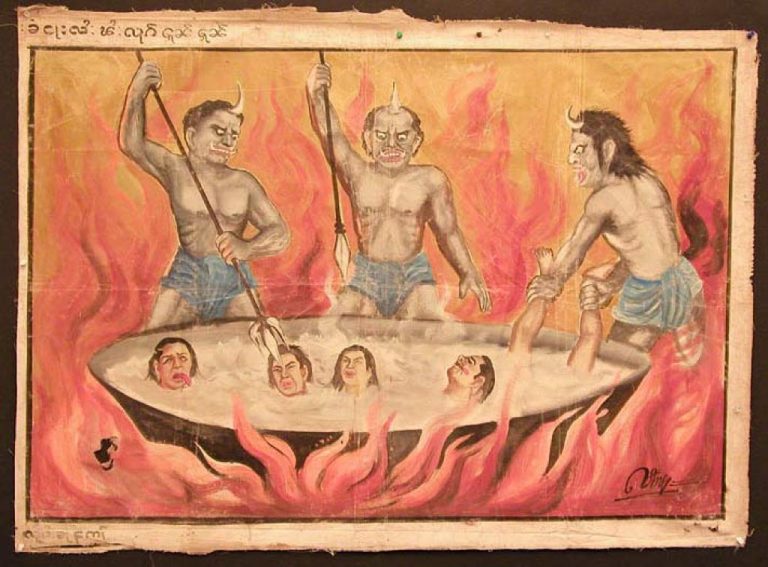 Eine buddhistische Darstellung von Dämonen, die diejenigen foltern, die schändliche Taten in der Hölle begangen haben