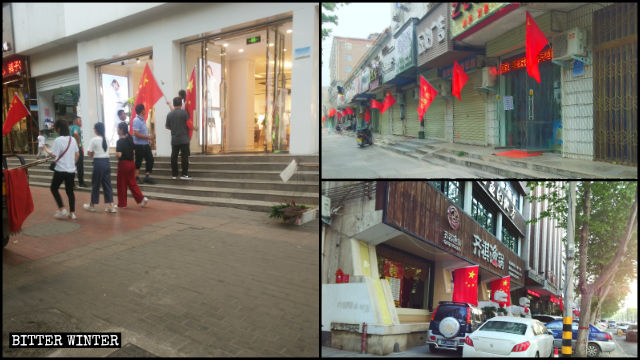 Vor den Läden hängen chinesische Flaggen