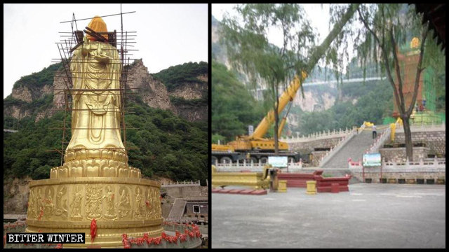 Die Guanyin-Statue war von einem Gerüst umgeben