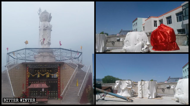 Guanyin-Statue bevor und nachdem sie in Stücke zerlegt.
