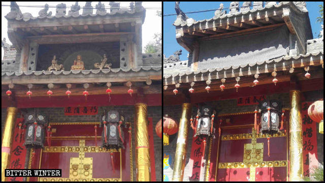 Drei buddhistische Statuen über dem Eingang des Lingying Tempels wurden mit Stoff bedeckt.