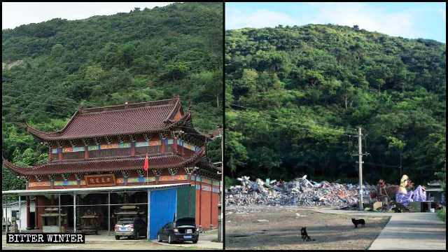 Ein daoistischer Tempel vor und nach seiner gewaltsamen Zerstörung.