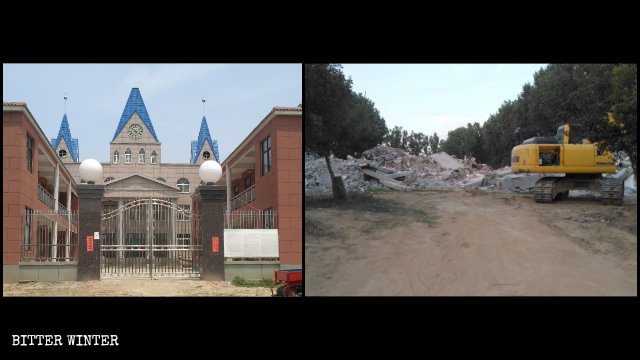 Drei Selbst-Kirche im Kreis Wuzhi vor und nach ihrer Zerstörung.