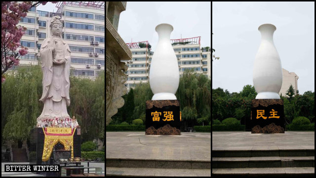 Guanyin-Statue vor und nach dem Verpacken in der großen Glasfaservase